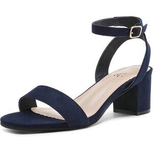 Dream Pairs Womens Navy Suede Faux Suede Rounded Toe Ankle Strap Heeled Sandal